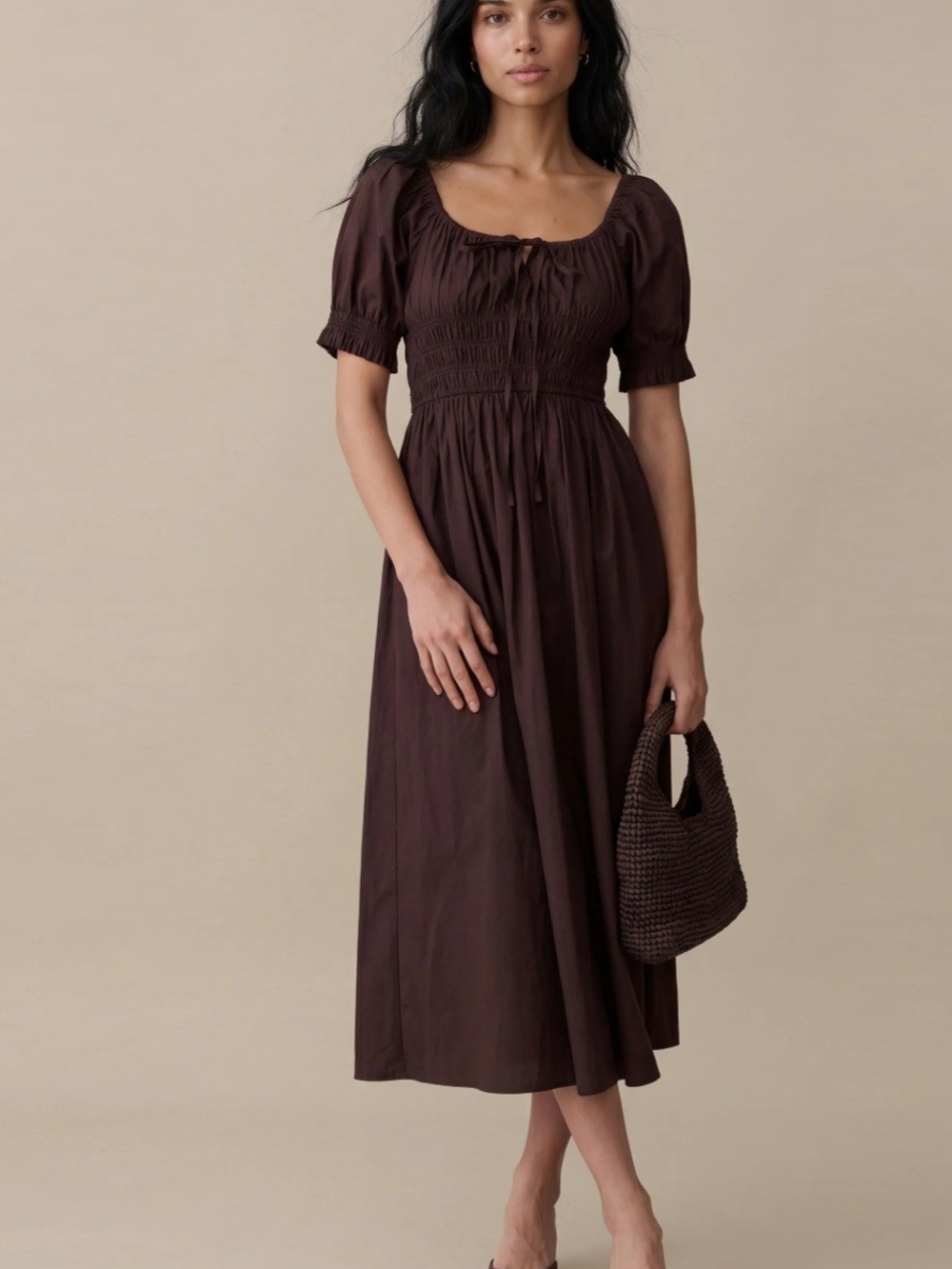Few Moda Smocked Midi Dress in Rich Chocolate Brown